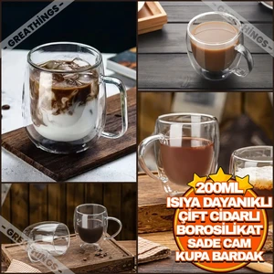 Isıya Dayanıklı Çift Cidarlı Sade Kupa Bardak | Borosilikat Çift Katmanlı 200 ml Çay Kahve Sunum Bardağı