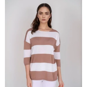 T Guel Kadın Pamuklu Vizon-Beyaz Çizgili Fakir Kol Ince Kazak