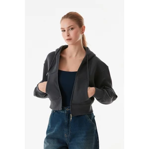 3 Iplik Basic Kapüşonlu Crop Sweatshirt Hoodie