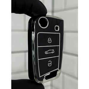 Barkas Elektronik Volkswagen T-Roc Taigo T-Cross Polo Golf Tiguan Passat Sustalı Anahtar Kılıfı Siyah Gümüş