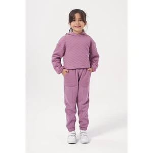 Kız Çocuk Kapşonlu Baskısız Kapitoneli Sweatshirt Eşofman takımı