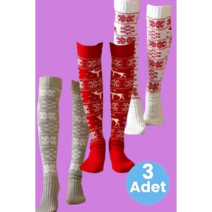 Kadın 3 Renkli Yeni Yıl Temalı Kar Tanesi Desenli Diz Üstü Çorap