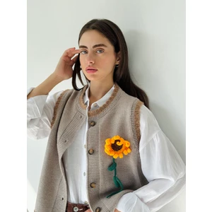Tasarım Nakışlı Ayçiçeği Kabartmalı Simli Yelek Kadın Açık Gri