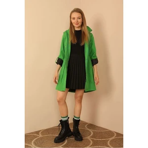 Bondig Kumaş Kapşonlu Uzun Kadın Yağmurluk-Yeşil