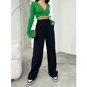 Kadın Siyah Likralı Cırt Kapama Palazzo Geniş Paça Pantolon