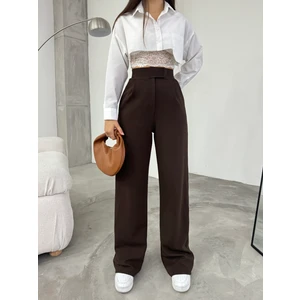 Kadın Kahve Likralı Cırt Kapama Palazzo Geniş Paça Pantolon