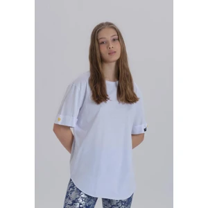 Kadın Papatya Kol Detay Asimetrik Kesim Bisiklet Yaka Örme T-Shirt