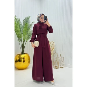 Neşeli Butik Kadın Bordo Kuşaklı Gül Detaylı Salaş Tulum NMS003