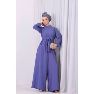 Neşeli Butik Kadın Lila Mavisi Kuşaklı Gül Detaylı Salaş Tulum NMS003