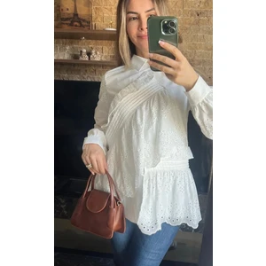 Fisto Fırfır ve Brode Nakış Detaylı Kadın Beyaz Tunik Gömlek