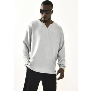 Ekru V Yaka Uzun Kollu Keten Gömlek