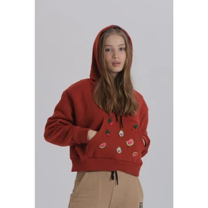 Gri Meyve Aksesuarlı Kapüşonlu Üç Iplik Kadın Sweatshirt