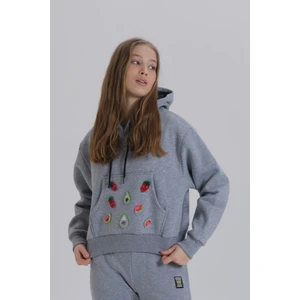 Gri Meyve Aksesuarlı Kapüşonlu Üç Iplik Kadın Sweatshirt