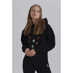 Gri Meyve Aksesuarlı Kapüşonlu Üç Iplik Kadın Sweatshirt