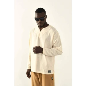 Ekru V Yaka Uzun Kollu Keten Gömlek