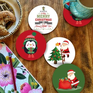 HET Concept Yılbaşı Serisi Yeni Yıl Dijital Baskılı 4'lü Ahşap Bardak Altlığı Model 0005