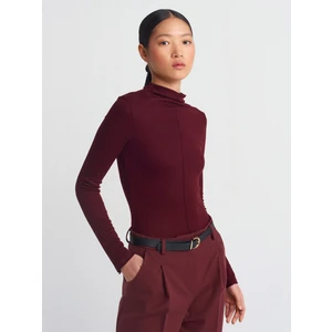 31391 Dik Yaka Uzun Kollu Top-Bordo