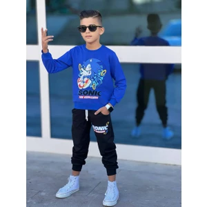 Erkek Çoçuk Baskı Detaylı 2 Li Alt Üst Eşofman Takımı Mavi Renk