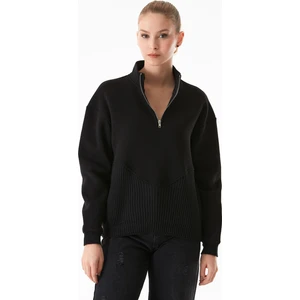 3 İplik Triko Detaylı Yarım Fermuarlı Dik Yaka Sweatshirt