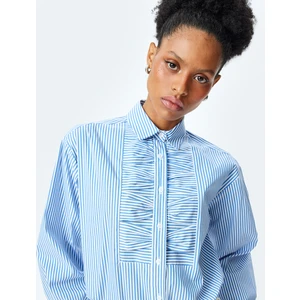 Klasik Yaka Uzun Kollu Fırfırlı Çizgili Gömlek