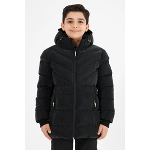 Siyah Erkek Çocuk Sabit Kapüşonlu Şişme Deri Karışımlı Kumaş Mont&kaban