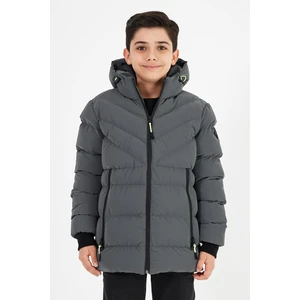 Gri Erkek Çocuk Sabit Kapüşonlu Şişme Deri Karışımlı Kumaş Mont&kaban