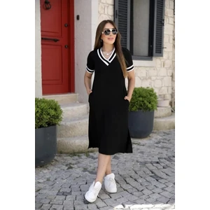 Kadın Kısa Kollu V Yaka Kol ve Yaka Ribana Detay Midi Boy Viskon Elbise