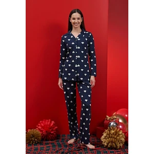 Kadın Kalp Desen Şardonlu Penye Pijama Takımı 1607 Lacivert