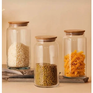 Kitchen Pembelia 3’lü Bambu Vakum Kapaklı 1300CC Bakliyat,çay,şeker,tuz,kahve Kavanozu