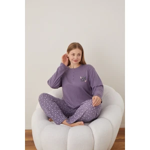 Eyfuze kadın Büyük Beden Desenli Yakası Düğmeli Uzun Kollu Kışlık Pijama Takımı
