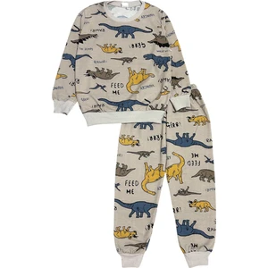 Erkek Çocuk Iki Iplik Pamuklu Şardonlu Bej Dinazor Desen Kışlık Uzun Kollu Pijama Takımı