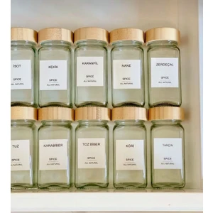 Kitchen Pembelia 12’li Bambu Kapaklı Etiketli Cam Baharatlık Takımı (Serpme Başlıklı)