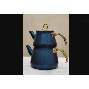 Yıldırım Kitchen 𝗬𝗶𝗹𝗱𝗶𝗿𝗶𝗺 𝗞𝗶𝘁𝗰𝗵𝗲𝗻 Granit Çaydanlık Takımı Gold Kulp (Mavi)