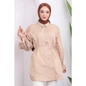 İmaj Butik Kol Lastikli Beli Ipli Çizgili Gömlek Tunik