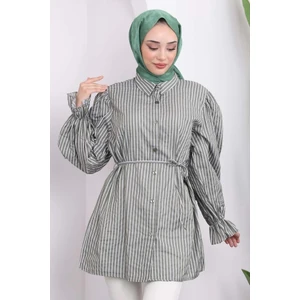 İmaj Butik Kol Lastikli Beli Ipli Çizgili Gömlek Tunik