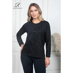 Kadın Orta Yaş ve Üzeri Kaplama Çiçek Desenli Taşlı Işlemeli Likralı Anne Penye Bluz