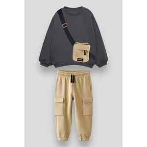 Çantalı Pamuklu Sweatshirt Jogger Eşofman Set Alt-Üst Takım Erkek Çocuk
