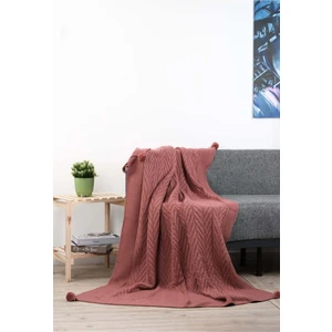 YGT Home Leyla 4 Ponpon Triko Örgülü Tv Battaniyesi 130 x 170 Gül Kurusu | Koltuk Örtüsü - Bacak Şalı-Koltuk Dekoru