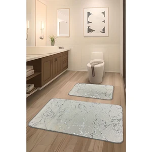 Feel Home Suadiye Kaymaz Taban, Tavşan Tüyü, Emici 2'li Süper Lüks Simli Banyo Paspası Seti Beyaz&Gümüş