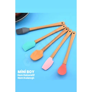 5'Li Mini Bambu Spatula Seti - Yumurta Fırçalı - Mini Boy - Bambu Saplı - Bebeklere Uyumlu