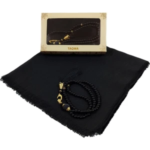 Mevlit Hediyesi Flamlı Yazma Set Hediyelik Eşarp 100X100CM Dağıtmalık-Inci 99 Tesbih Hediyeli-Siyah
