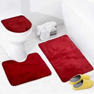 Bonny Home 3'lü Unicolor Kırmızı Kaymaz Taban Banyo Paspası & Halısı Seti