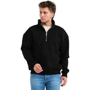 Regular Fit Dik Yaka Yarı Fermuarlı Şardonlu Siyah Erkek Sweatshirt - Prime