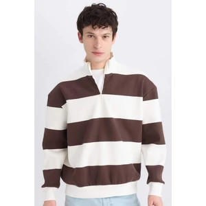 Boxy Fit Fermuarlı Dik Yaka Çizgili Sweatshirt C7045AX24AU