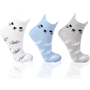 1105 Üç Boyutlu Kedili 3'lü Patik Çorap Beyaz-Gri-Mavi
