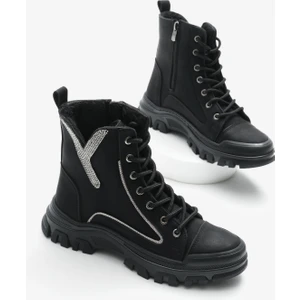 Kadın Siyah Mat Termo Taban Desenli Bağcıklı ve Fermuarlı Bot