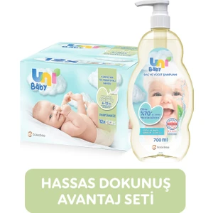 Uni Baby Hassas Dokunuş Seti 12'li Islak Mendil ve 700 ml Parfümsüz Bebek Şampuanı
