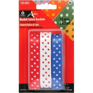 Özel Lastik Puantiye Baskılı Mavi, Beyaz, Kırmızı Saten Kurdele 1,5  cm  x 2 mt 135 051