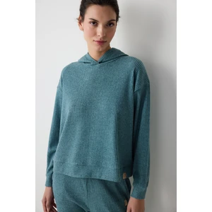 Petrol Yeşili Kapüşonlu Fitilli Yumuşak Sweatshirt