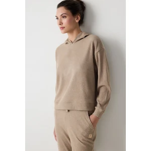Bej Kapüşonlu Fitilli Yumuşak Sweatshirt